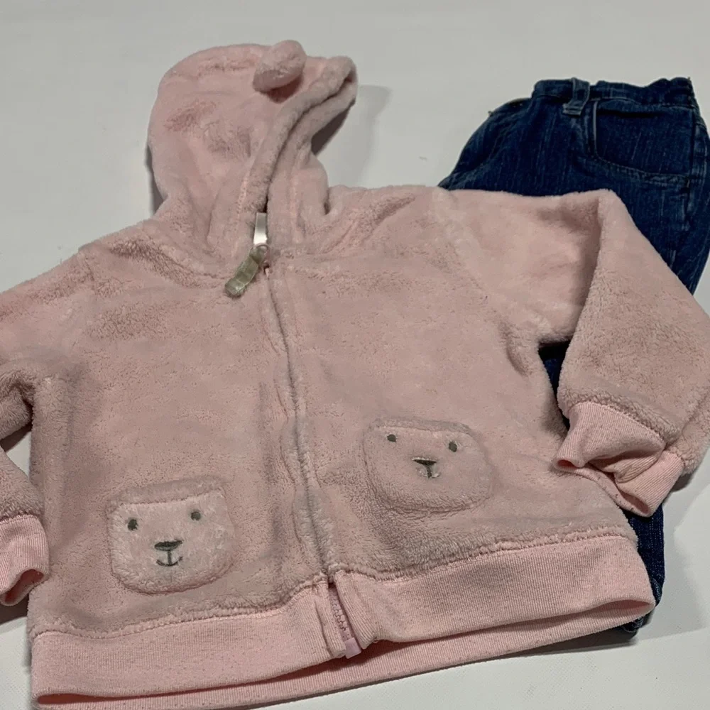 Pink‎ Fleece Bear Hoodie and Blue Jeans Set 4252